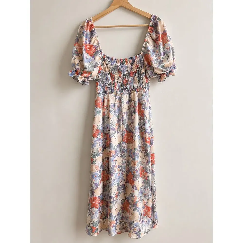 ASTR The Label Floral Smocked Puff Sleeve Cottagecore Midi Dress Small Romantic - Picture 3 of 10